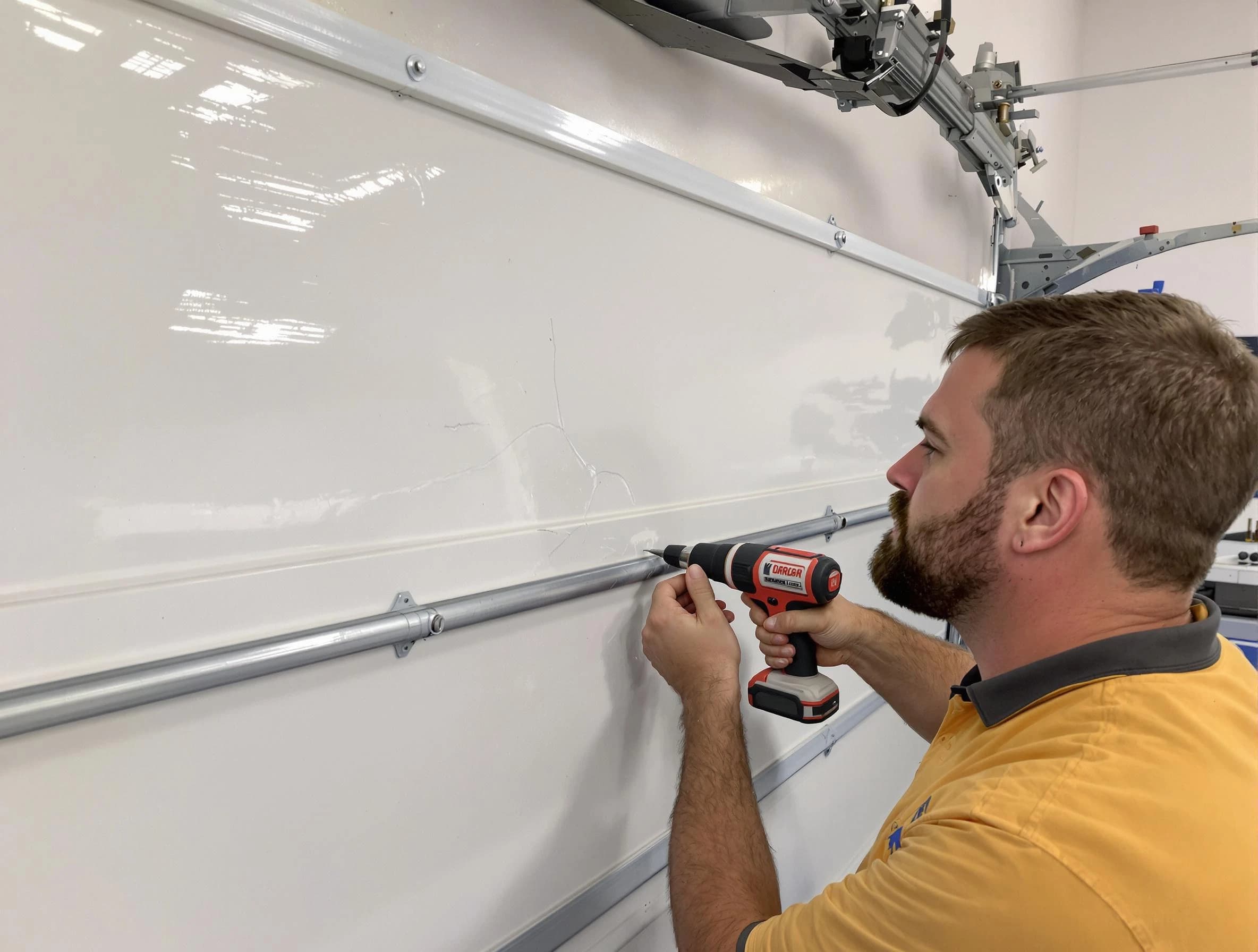 Glendale Garage Door Repair expert performing dent repair on garage door in Glendale